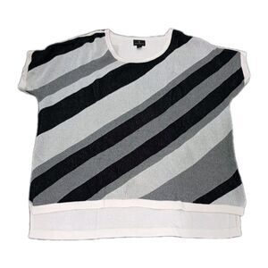 Worthington Women's Large Knit Top Short Sleeve Diagonal Stripes Gray Black Whit